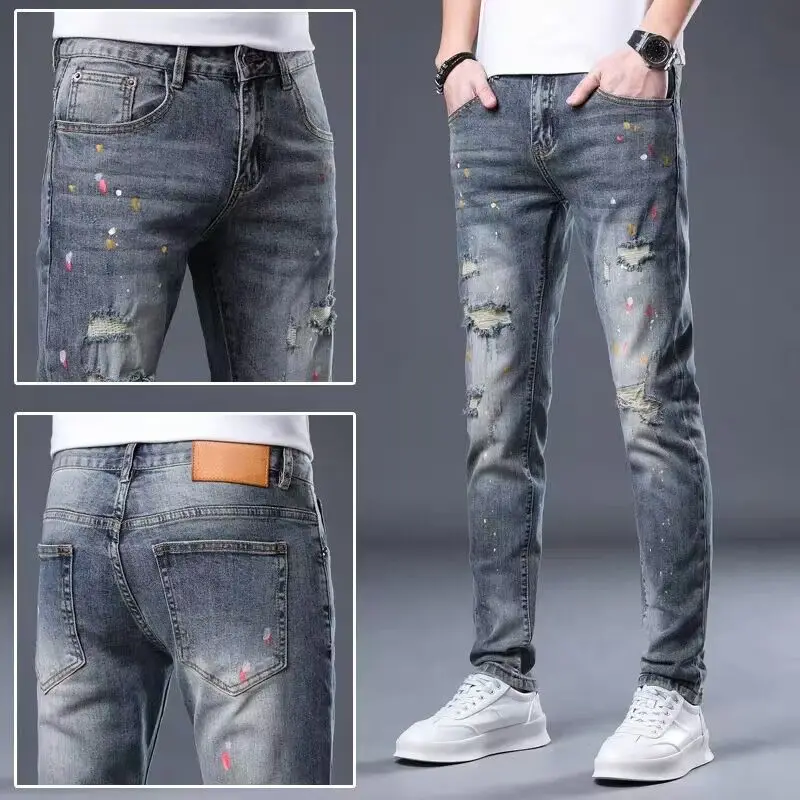 Spring and Summer 2025 Blue Trend Ripped Ink Paint Jeans Men's Trendy Korean Slim-fitting Fashion Small Feet Casual Trousers