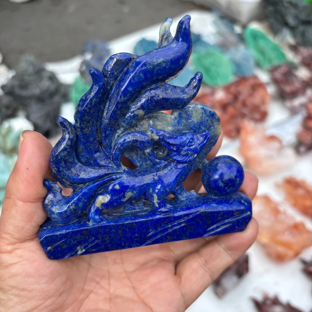 Natural Lapis Lazuli Nine Tailed Fox Carving Hand Carved Crystal Fox Figurine Gemstone Statue Home Desktop Decoration Reiki Heal