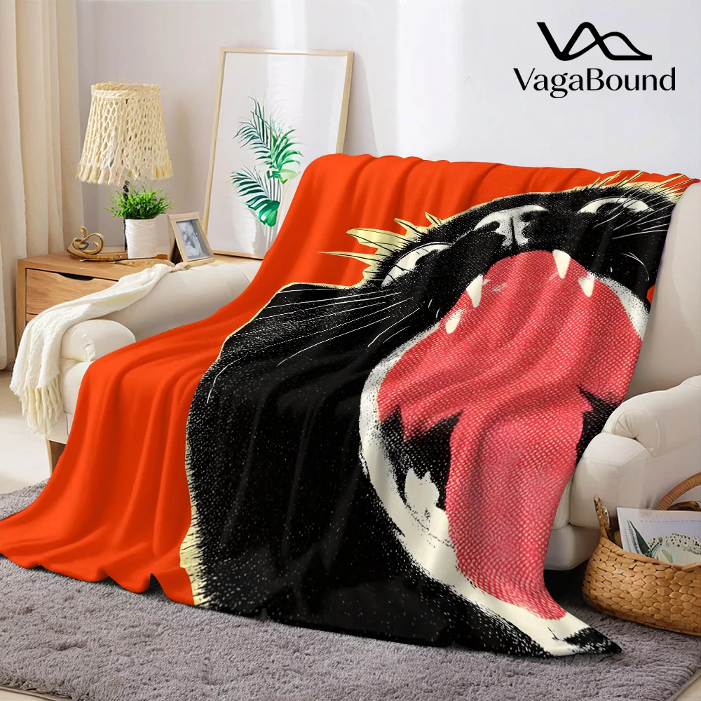 Yawning Black Cat Flannel Blanket Warm Soft Halloween Christmas All-Season Couch Decorative Cozy Warm Gift