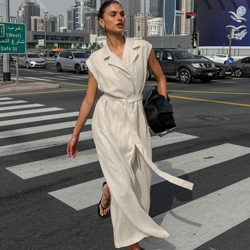 

Cotton-Linen Suit-Collar With Belt For Commuting, 2026 European And American Spring-Summer Fashion New Wholesale