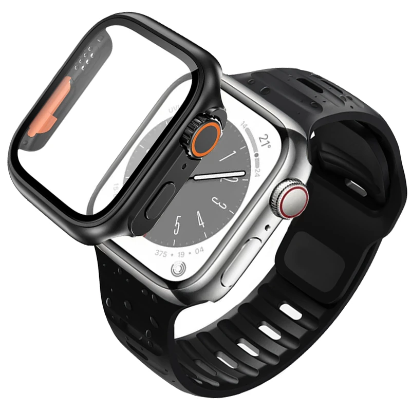 

Silicone strap+case For Apple Watch Case 44mm 40mm 45mm 41mm Screen protectores Change to Ultra For iWatch Series 9 8 7 SE 6 5 3