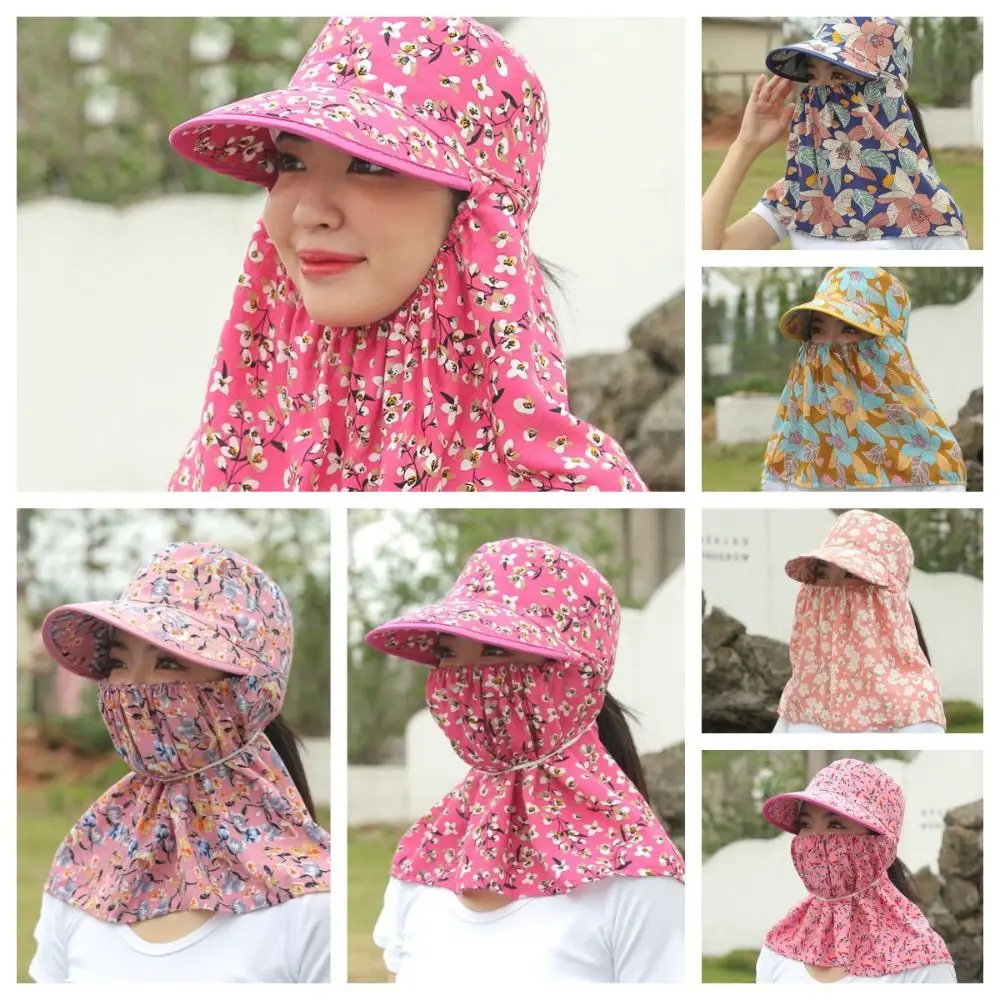 Portable Floral Women Sun Hat Sun Protection Neckline Mask Cover Face Cap Wide Brim Farm Work Cap Tea Picking Hat Outdoor