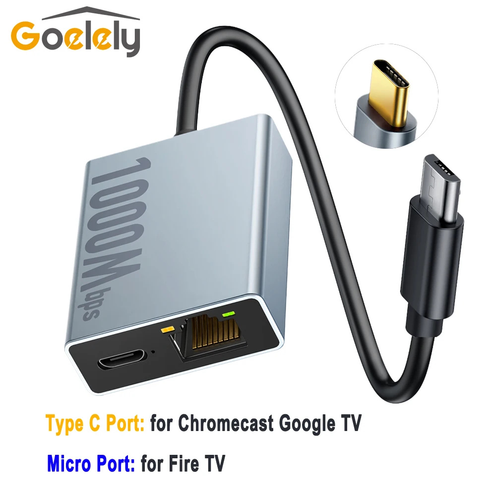 Goelely RJ45 1000Mbps kartu jaringan eksternal Micro Port 4K api tongkat TV indikator LED Plug & Play adaptor Ethernet untuk TV pintar