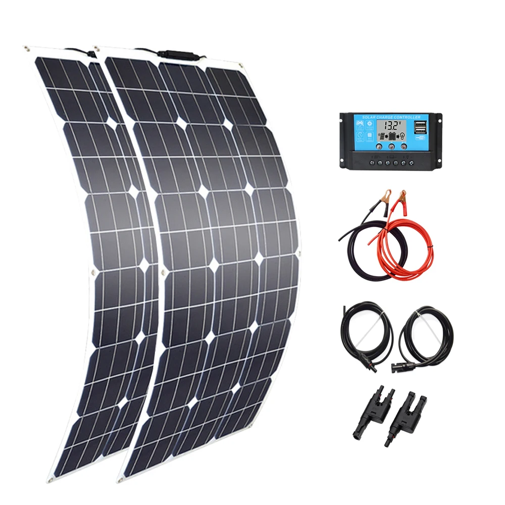 200W Flexibele Zonnepanelen Kit Volledige 18V 100W 12V 24V Batterij Laad Systeem Camper RV Huis Waterdichte PWM Controller 2.5mm Kabelmodule EU-magazijn DHL verzending - afbeelding 2