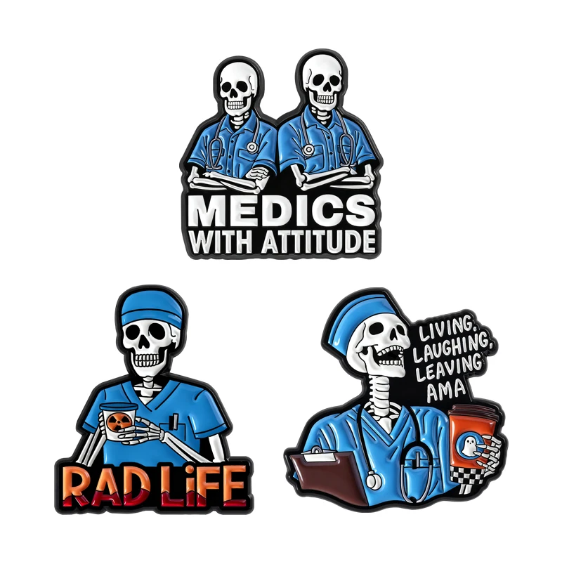 

Skeleton Doctor Brooch Enamel Pin Custom MEDICS WITH ATTITUDE RADLIFE Skull Brooches Lapel Badge Medical Jewelry Gift for Friend