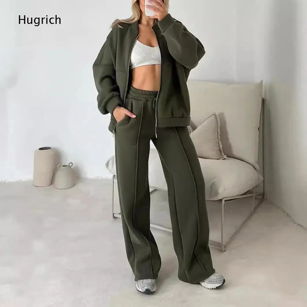 Women Zip Up Oversized Jacket Drawstring Wide Leg Pants Two Piece Tracksuit Casual Sweat Outfit view 3