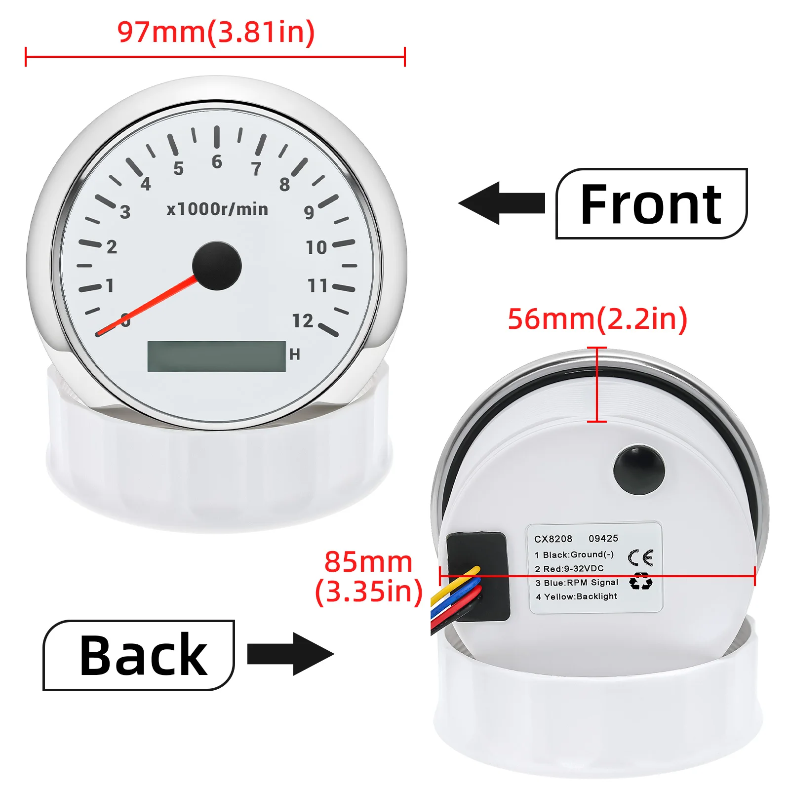 ZMFJH 85MM Tachometer with Hourmeter Red Backlight 0-12000R/min Tacho Gauge for 4-12 Cylinder Universal Car Boat Yacht 9-32V