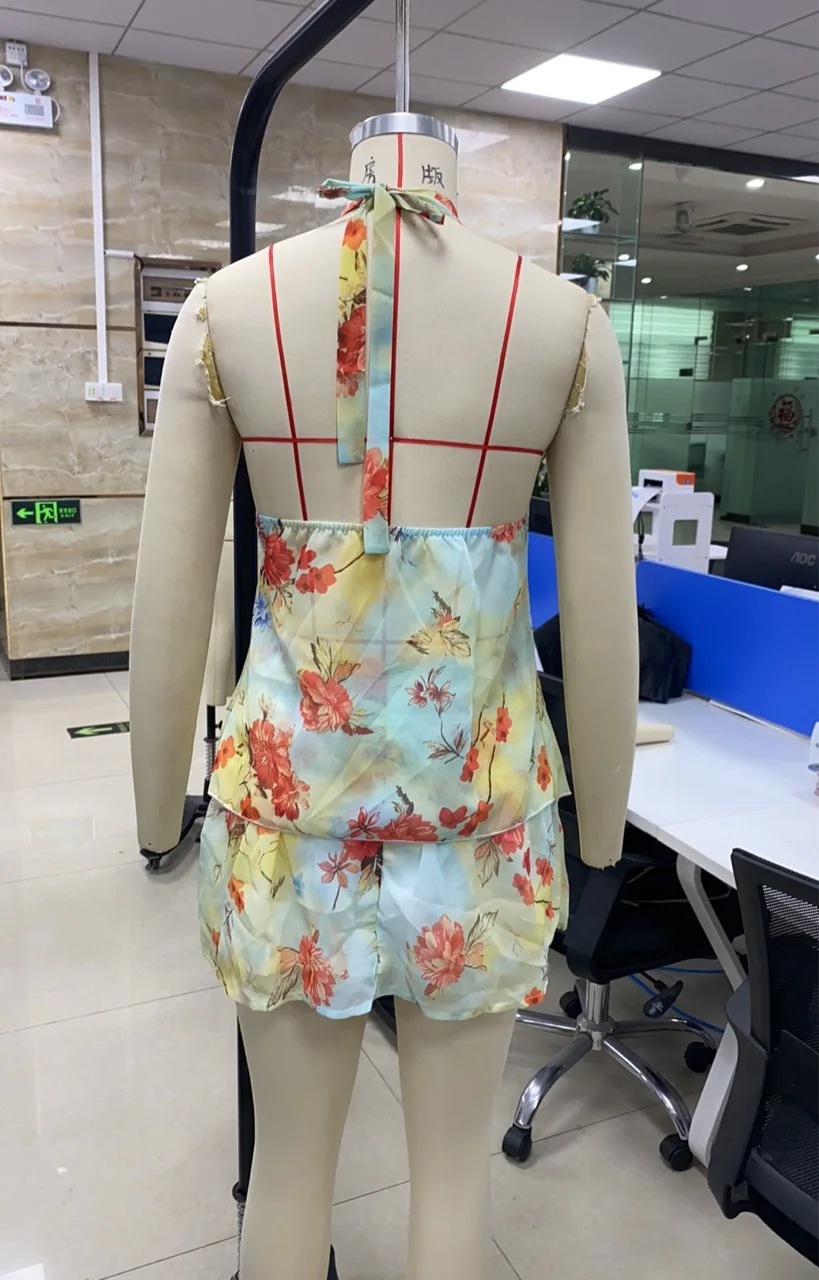 Abito estivo da donna con stampa floreale Gonne Abito con scollo all'americana e top corto diviso senza schienale e gonna a vita alta Set Clubwear per feste