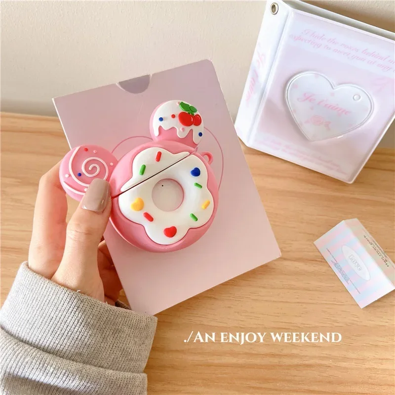 حافظة ديزني ميكي لسماعات أبل ، سلسلة مفاتيح دونات ثلاثية الأبعاد ، سماعة أذن لاسلكية ، سماعة رأس بلوتوث ، غطاء سيليكون ، 1 ، 2 ، 3 برو