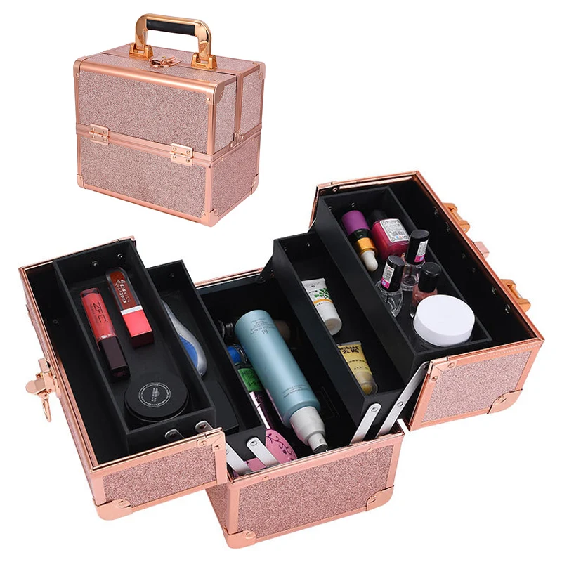 Glitter Makeup Train Case Expandable Multi Layer Metal Style Cosmetic Organizer Lockable Design Skincare Makeup Storage Box