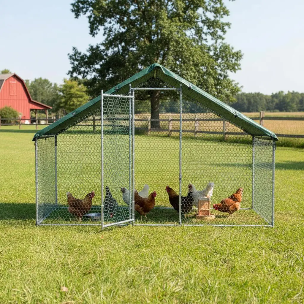 

Heavy Duty Poultry Habitat 9.8 x 3.3 x 6.6 ft For Backyard Farm Garden, Spire Roof Walk-in Hen Pen Detachable Cover Metal Fra