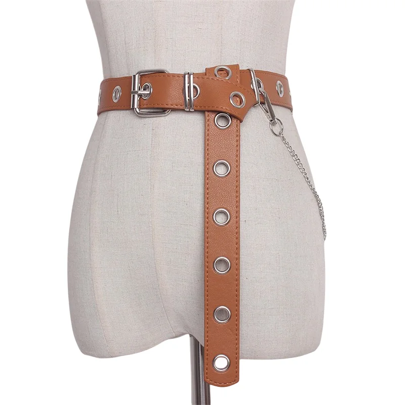 女性用合成皮革ハーネスベルト,シルバーピンバックル,メタルウエストバンド,ブラウン,ブラックチェーン,レジャージーンズ,女性用の凹面の形をしたベルト,新しいコレクション