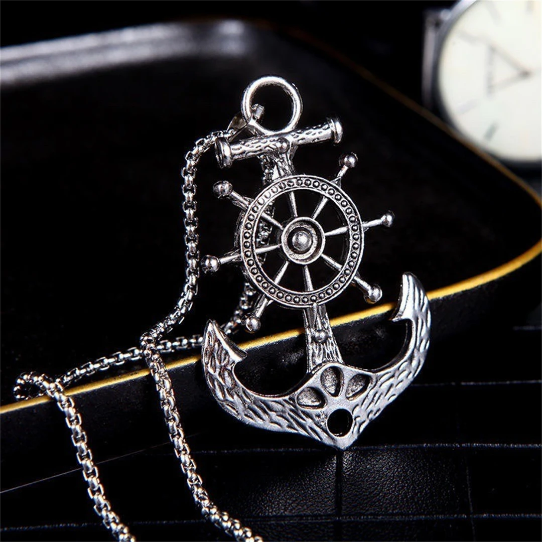 Fashion Vintage Punk Pirate Captain Rudder with Anchor Nautical Charm Pendant Necklace Men\'s Jewelry Gift