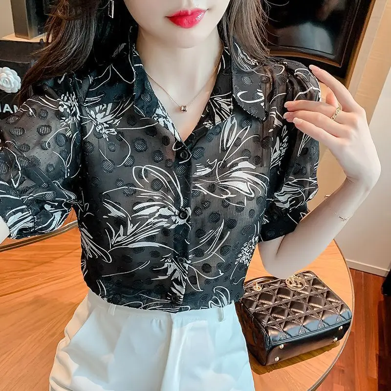 2024 New Summer Korean Version Streetwear Sweet Short Sleeved Blouses Loose Polo Collar Print Patchwork Button Women\'s Shirt Top