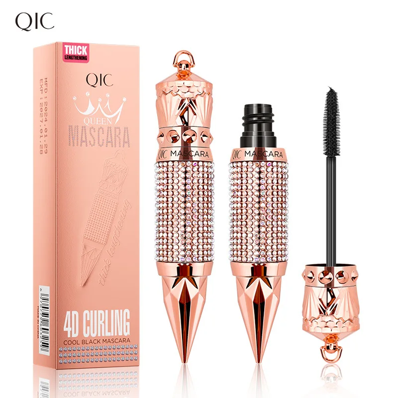 QIC الماس الصولجان ماسكارا 4D ألياف الحرير ماسكارا مقاوم للماء رمش إطالة الطبيعية سميكة مجعد غير تلطخ الماسكارا