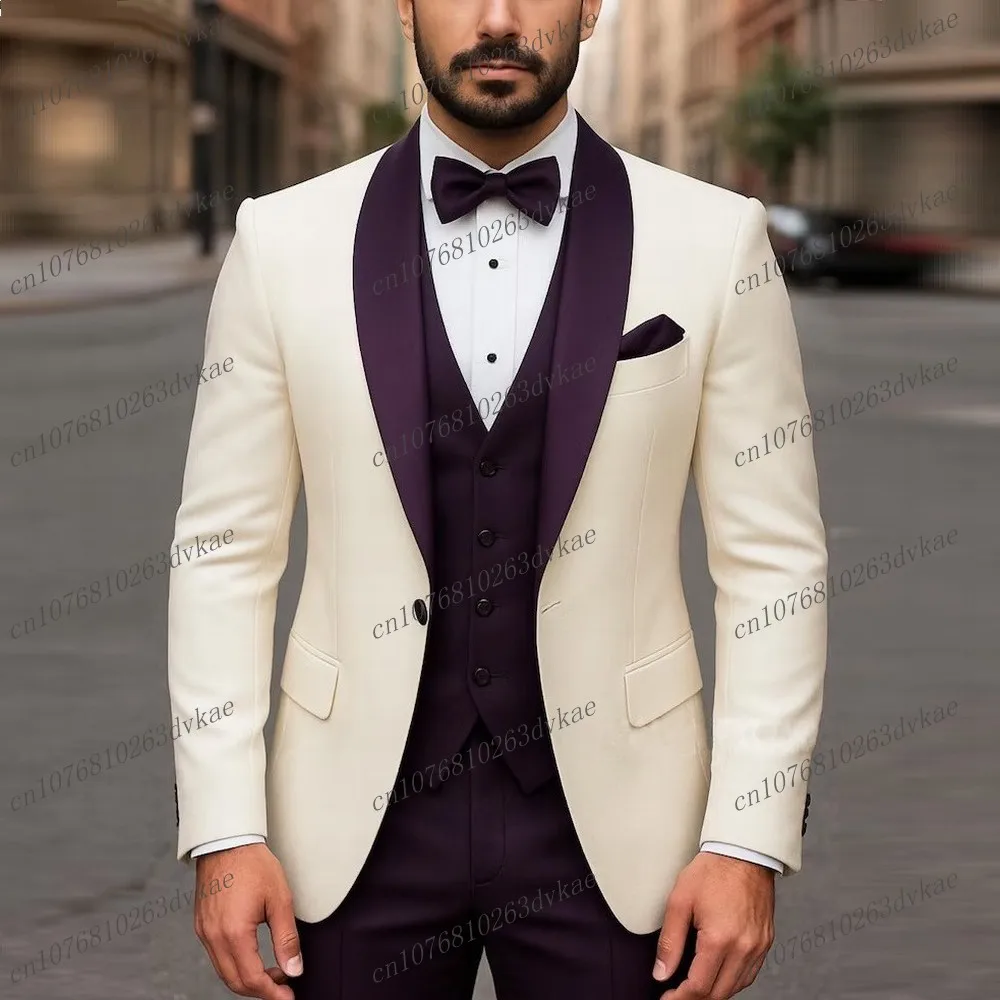 

White And Dark Purple Men Suit Wedding Party Formal Groom Groomsman Prom Business Male Tuxedos 3 Piece Set Jacket Vest Pants