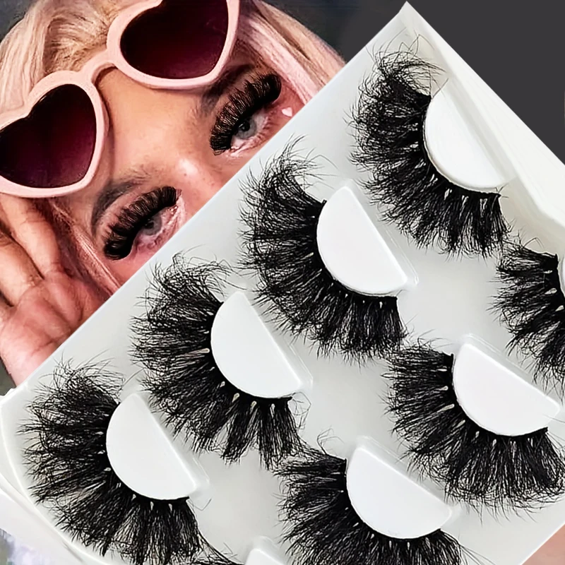 4 pares de pestañas postizas esponjosas y desordenadas de alta imitación, que muestran fácilmente una apariencia natural y llamativa.