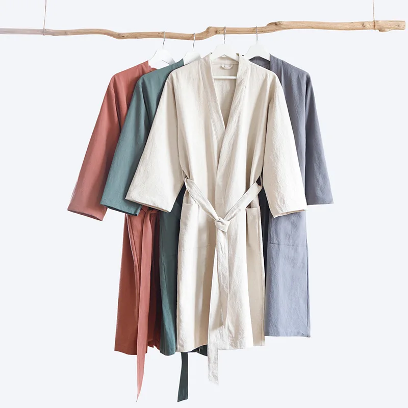 Japanese Traditional Bath Robe Kimono Sleepwear Cotton Linen Bathrobe Men Gown Robe Home Dressing Gown Long Sleeve Autumn Pyjama