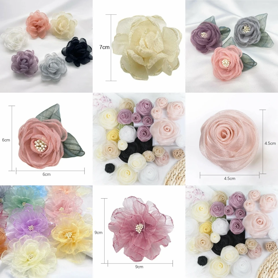 9cm Flower Handmade Chiffon Fabric Patch Applique for Clothing, Hats, Bags, Hair Clips, DIY Decorative Accessories