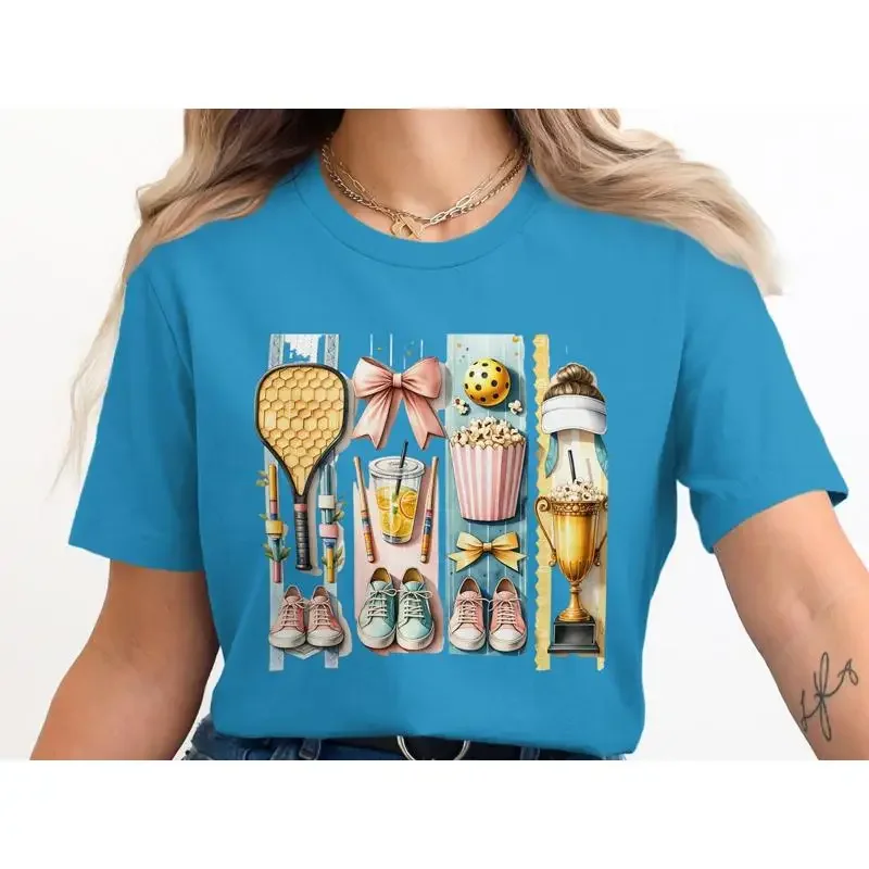 Sports Enthusiast T Shirt Tennis Racket Popcorn Trophy Sneakers s Novelties Fun Casual Wear Perfect for Sport Lovers