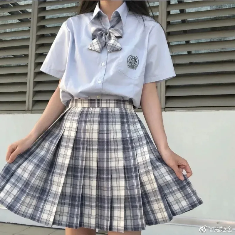 Koreanische Schule Mädchen Uniform Plissee Röcke Japanische Schuluniform Hohe Taille A-Line Plaid Rock Sexy JK Uniformen Frau Vollen satz