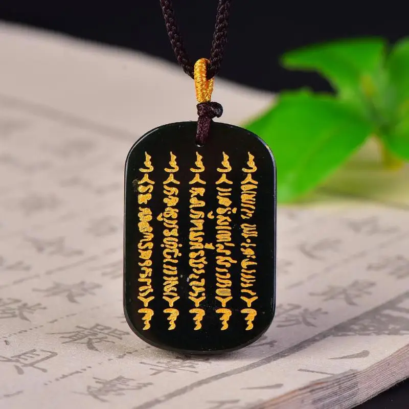 

Natural Nephrite Green Jade Charm Necklace Men Women Genuine Chinese Hetian Jade Scripture Pendant Sweater Chain Necklaces