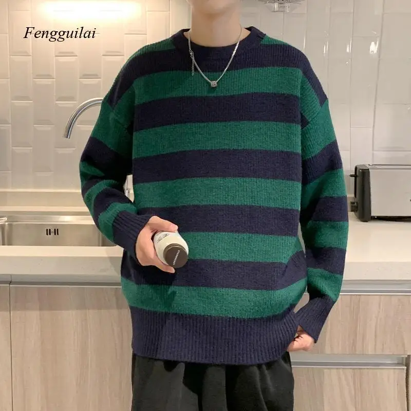 

Autumn Winter Knitted Striped Sweater Men Casual Oversized Pullovers Sweaters Loose Warm Jumper Streetwear Teen Knitwear