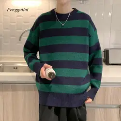 Autumn Winter Knitted Striped Sweater Men Casual Oversized Pullovers Sweaters Loose Warm Jumper Streetwear Teen Knitwear