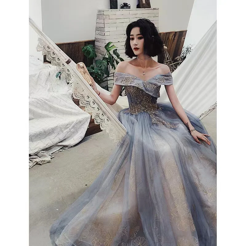 

Off The Shoulder Royal Court Mesh Evening Dresses Classic A-line Boat Neck Exquisite Applique Sequins Long Prom Gowns For Women