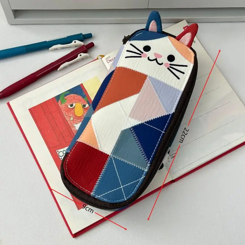 1Pc Cute Color Block Cat Pattern Storage Bag, Japanese Style Spliced Pencil Box, Girls Learning Supplies