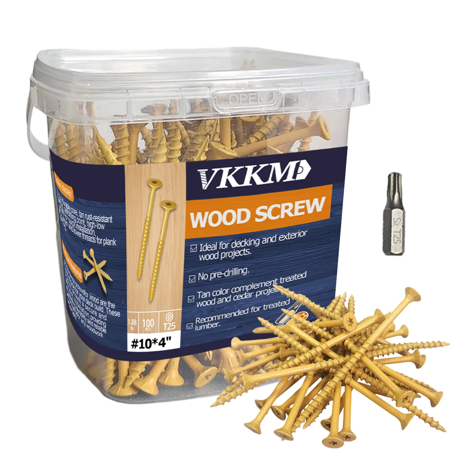 

VKKM Deck Screws 2-1/2 to 4 inch, Wood Screws #10 x 2-1/2" to 4",100 to 150PCS, Rust Resistant Coated, T25 Star Bit Included,Tan
