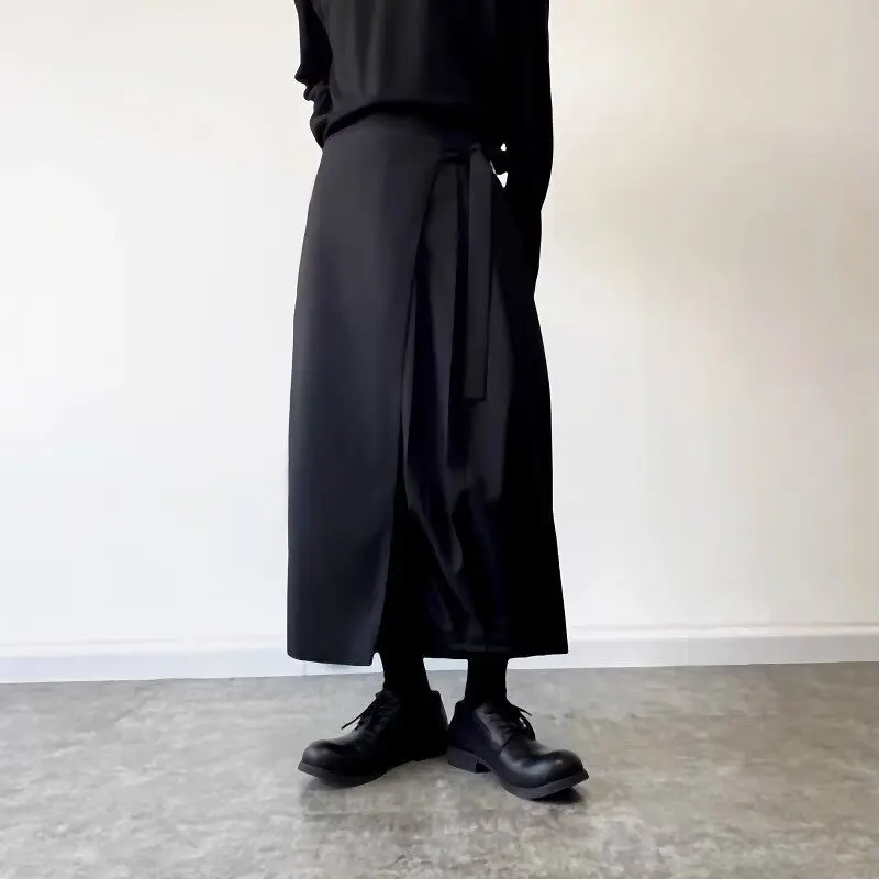 KIDWHXR Men Wide Leg Pant Autumn Japanese Solid Skirt Pants Male Loose Straight Elastic Waist Lace-up Man Ankle-length Pant