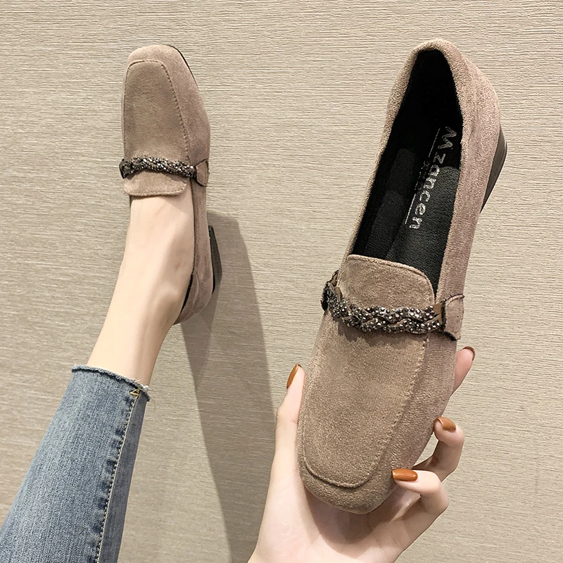 Otoño Invierno, mocasines para mujer, zapatos náuticos de tacón bajo, zapatos de vestir con punta cuadrada, zapatos de tacón bajo con cadena de gamuza sintética para mujer