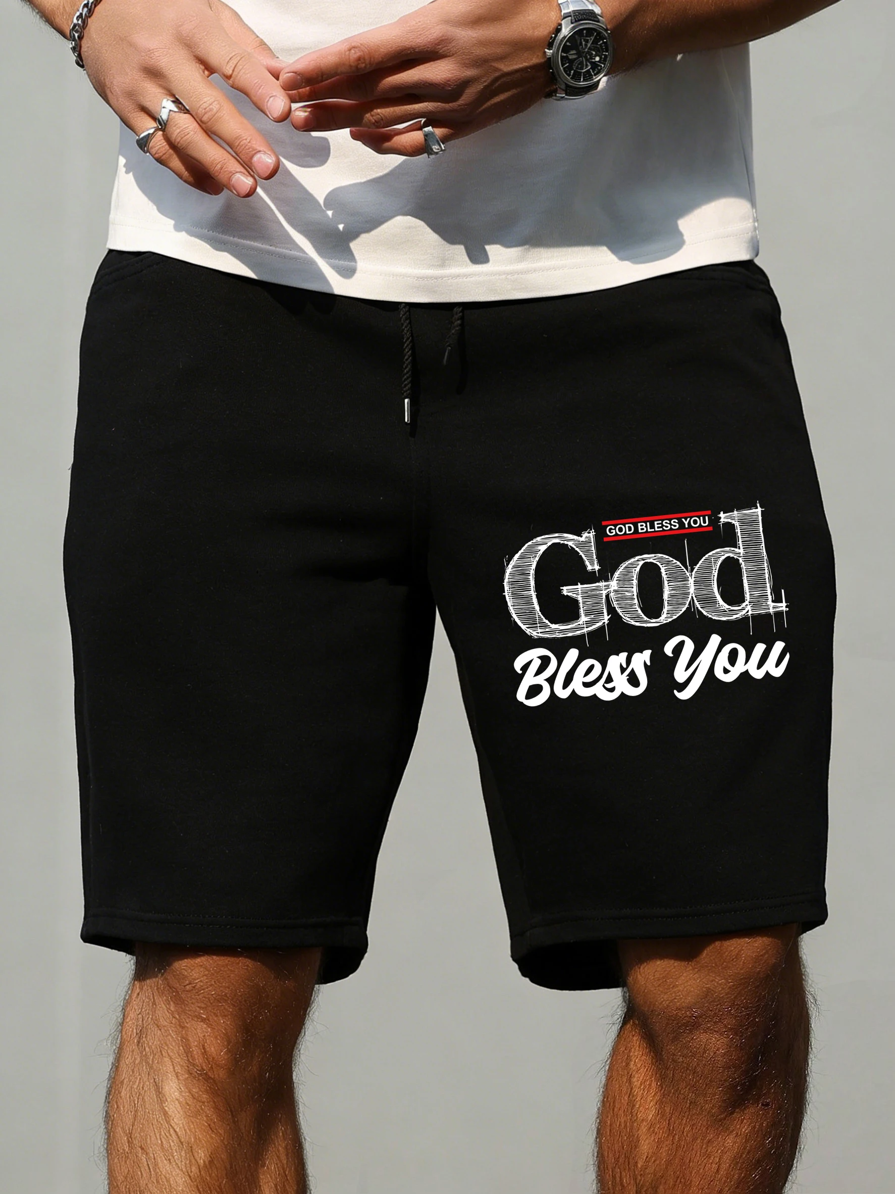 

God Bless You Print Men'S Shorts Pocket Elasticity Pants Running Summer Short Pant Wide Leg Gym Beach Vacation Swimming Trunks