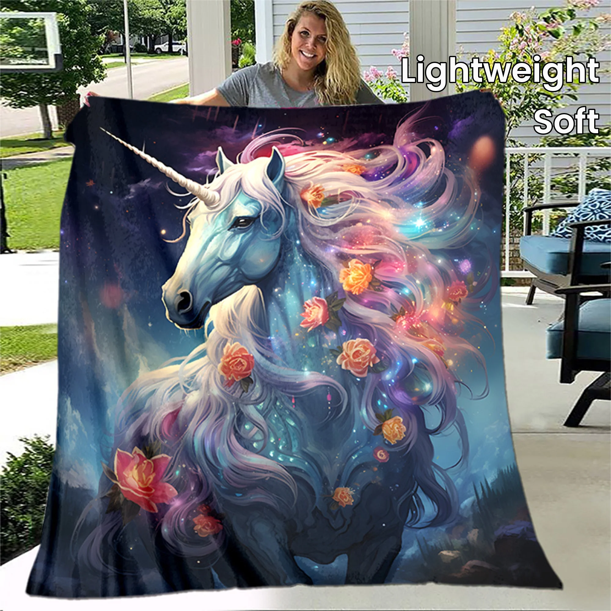 Newest Galaxy Rose Magical Unicorn Flannel Throw Blanket, Soft Fantasy Animal Blanket for Sofa Bedroom Decor