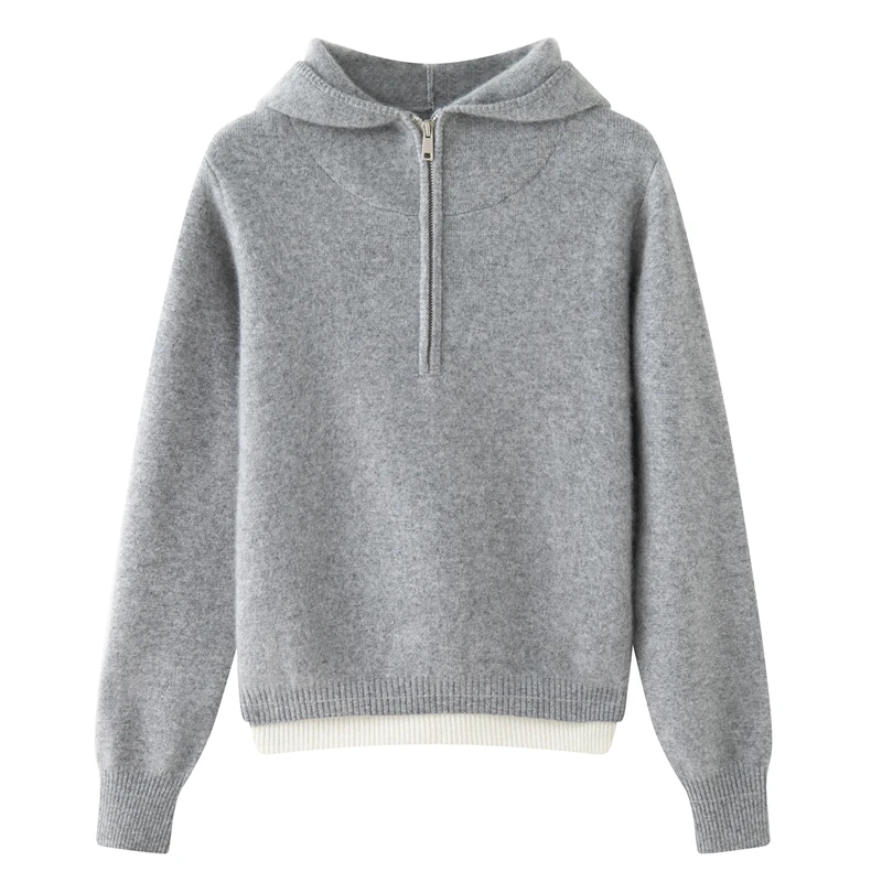 

Autumn Winter Women Hoodie Pullover Sweater 100% Cashmere Knitwear Soft Warm Casual Half zipper double layer thick Hooded Tops