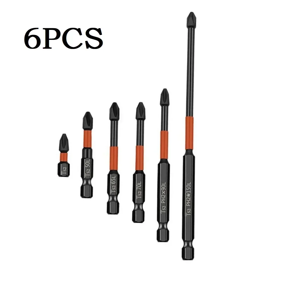 6PCS PH2 Screwdriver Bit Set 25-150mm 1/4" Hex Shank Phillips Magnetic Batch Head Screwdriver Drill Bits