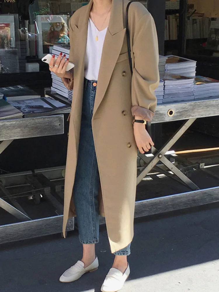 [EWQ] Korea Chic Temperament Khaki Blazer Women's Autumn 2024 New Notched Loose Double Breaste Long Sleeve Long Suit Jacket