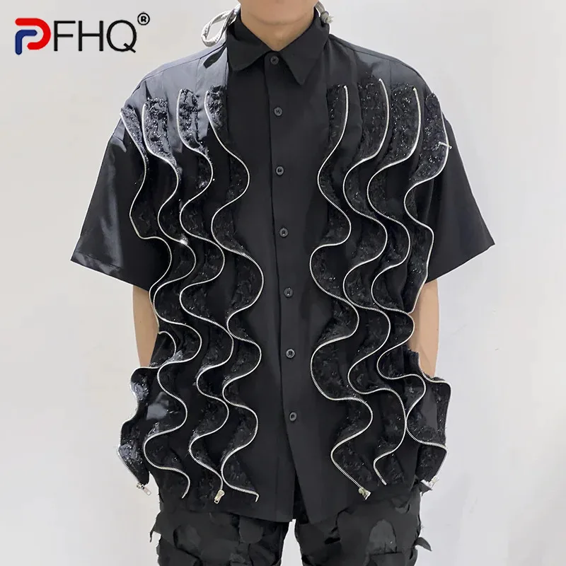 

PFHQ Men's Short Sleeved Shirt Summer Niche Twisted Zipper Advanced Single Breasted Turn-down Collar Handsome Male Tops 21Z4823