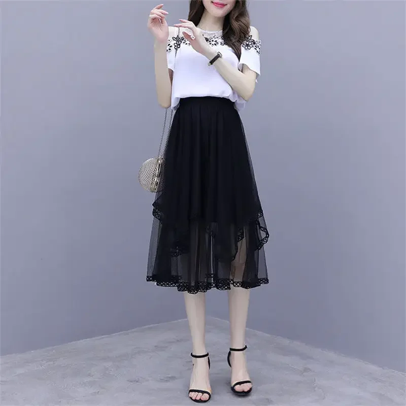 

Short Sleeve Women's Two Skirt Piece Set Midi Formal Event Clothing Luxury Promotion Stylish Summer Fashion 2025 Female Outfits