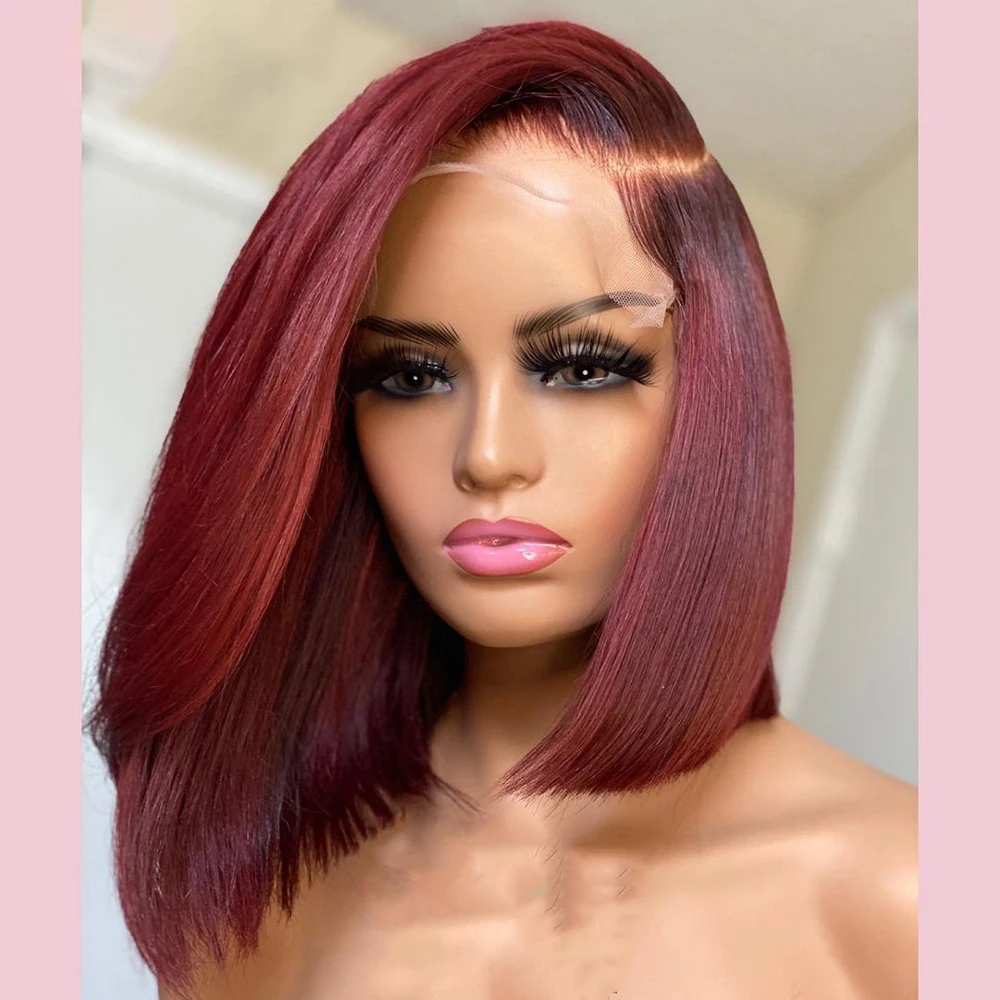 99j suave Borgoña sin pegamento 180Densidad Bob corto vino recto profundo peluca con malla frontal para mujeres con pelo de bebé prearrancado diario