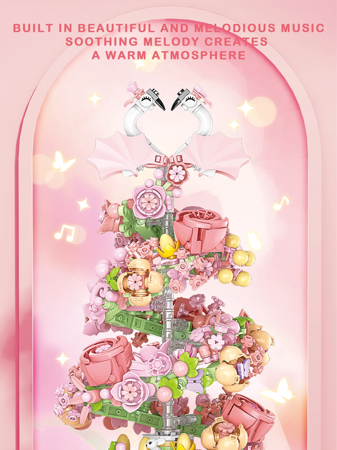 Klocki konstrukcyjne, pozytywka z kwiatem i łabędziem, 713 elementów, seria ozdób do dekoracji domu