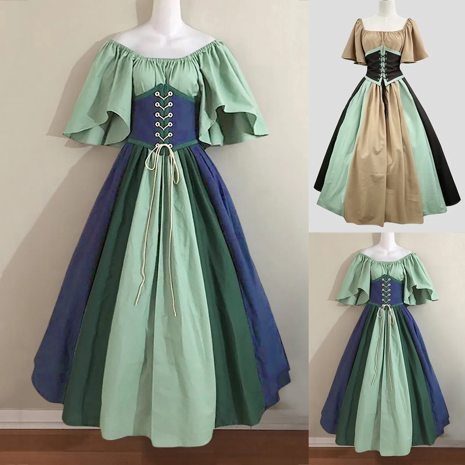 Middeleeuwse Paleisjurken Vrouwen Vintage Victoria Veters Carnavalsfeest Lange Jurk Gewaad Cosplay Kleding Dames Jurk Met Halve Mouwen