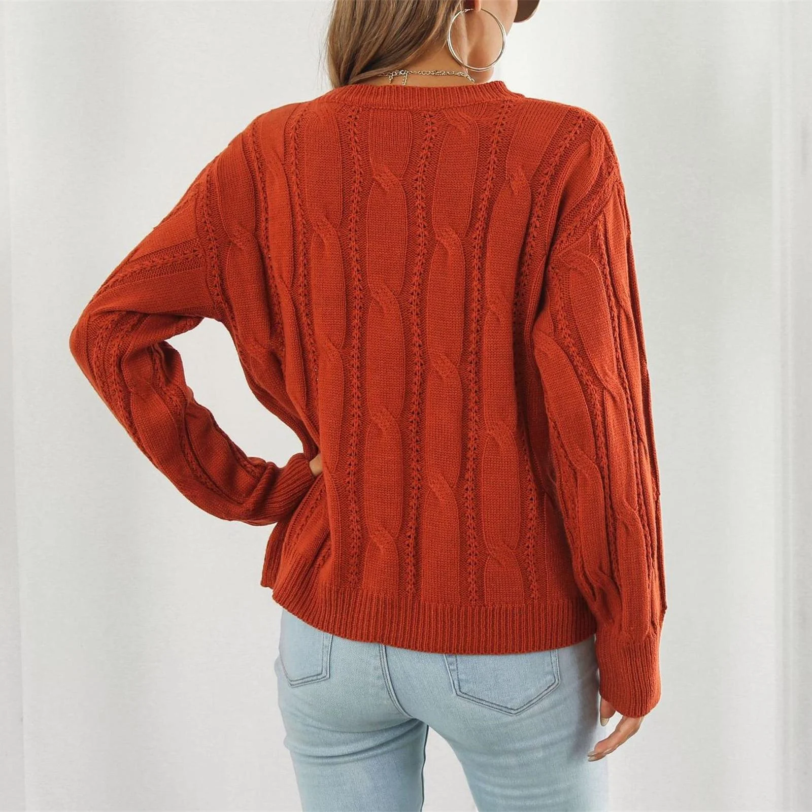 Women Cable Knit Sweater Loose Fit Solid Color Pullover Long Sleeve Casual Boho Style Soft Comfortable Autumn Winter Essential