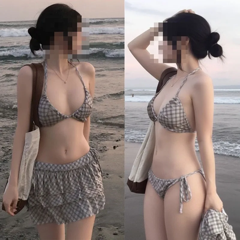 Sexy babes three-point bikini solid color slim split skirt seaside vacation swimsuit