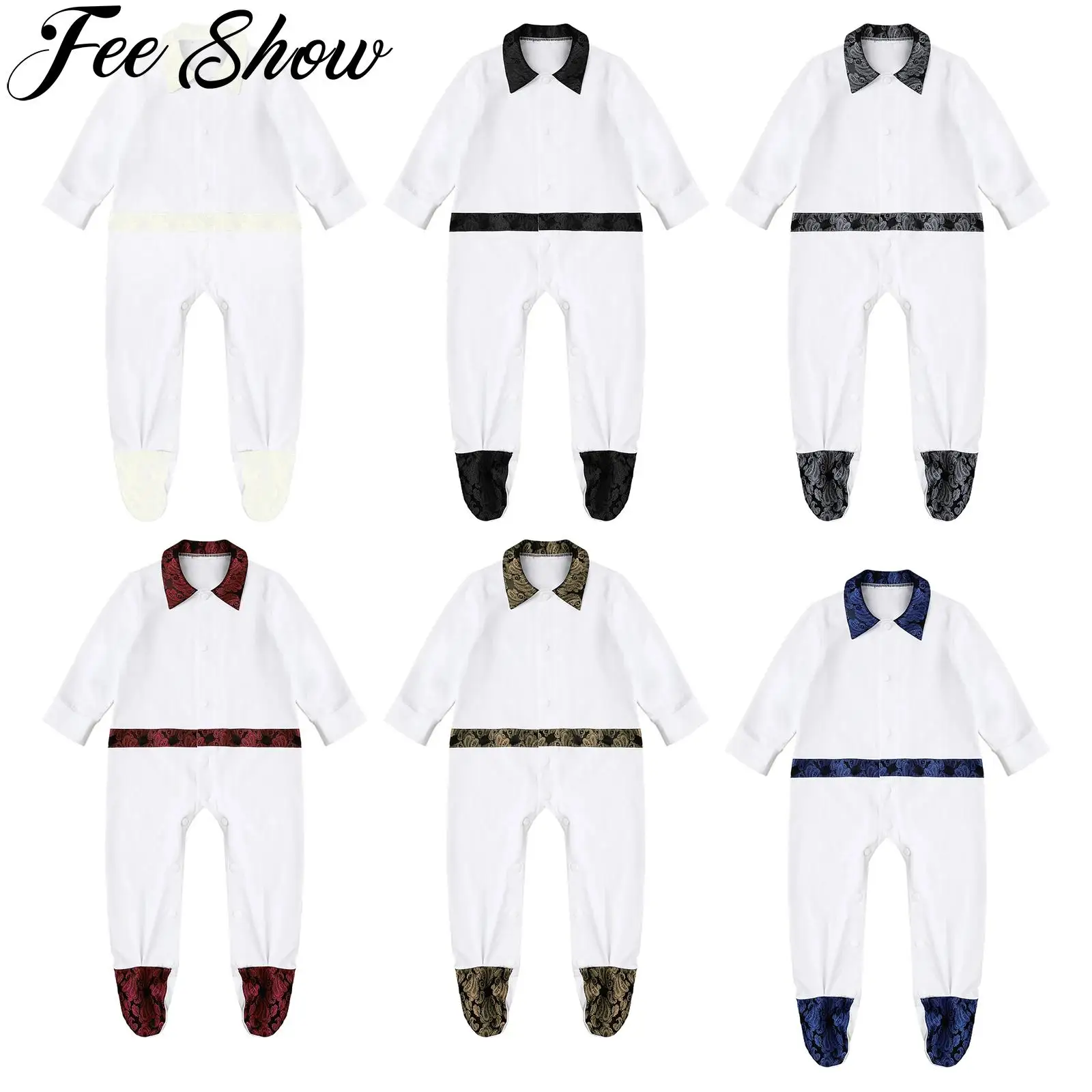 

Newborn Baby Boys Baptism Clothing Jacquard Long Sleeve Footed Romper Infant Kids Christening Wedding Party Photography Costume