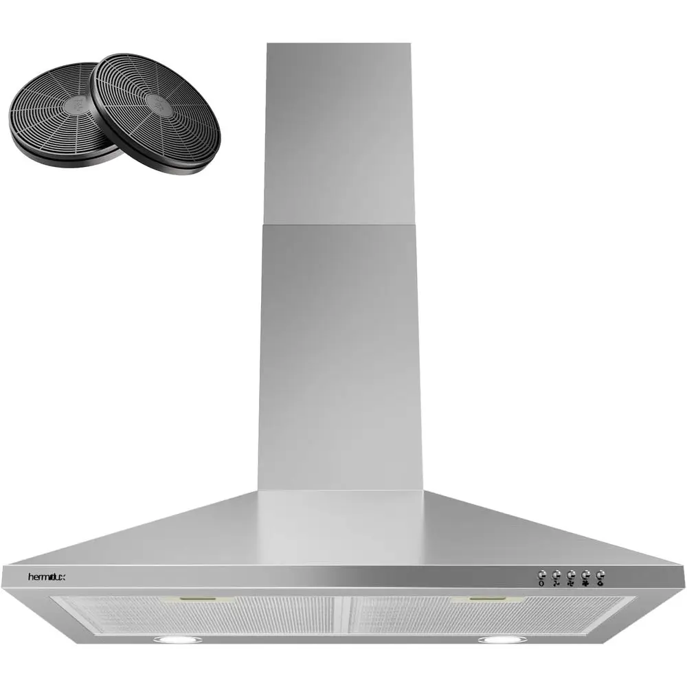 Okap kuchenny ze stali nierdzewnej, montowany na ścianie, 76 cm (30 cali), z filtrem węglowym, konwertowalny na okap kominowy/bez kanału, 3-stopniowy wentylator wyciągowy.