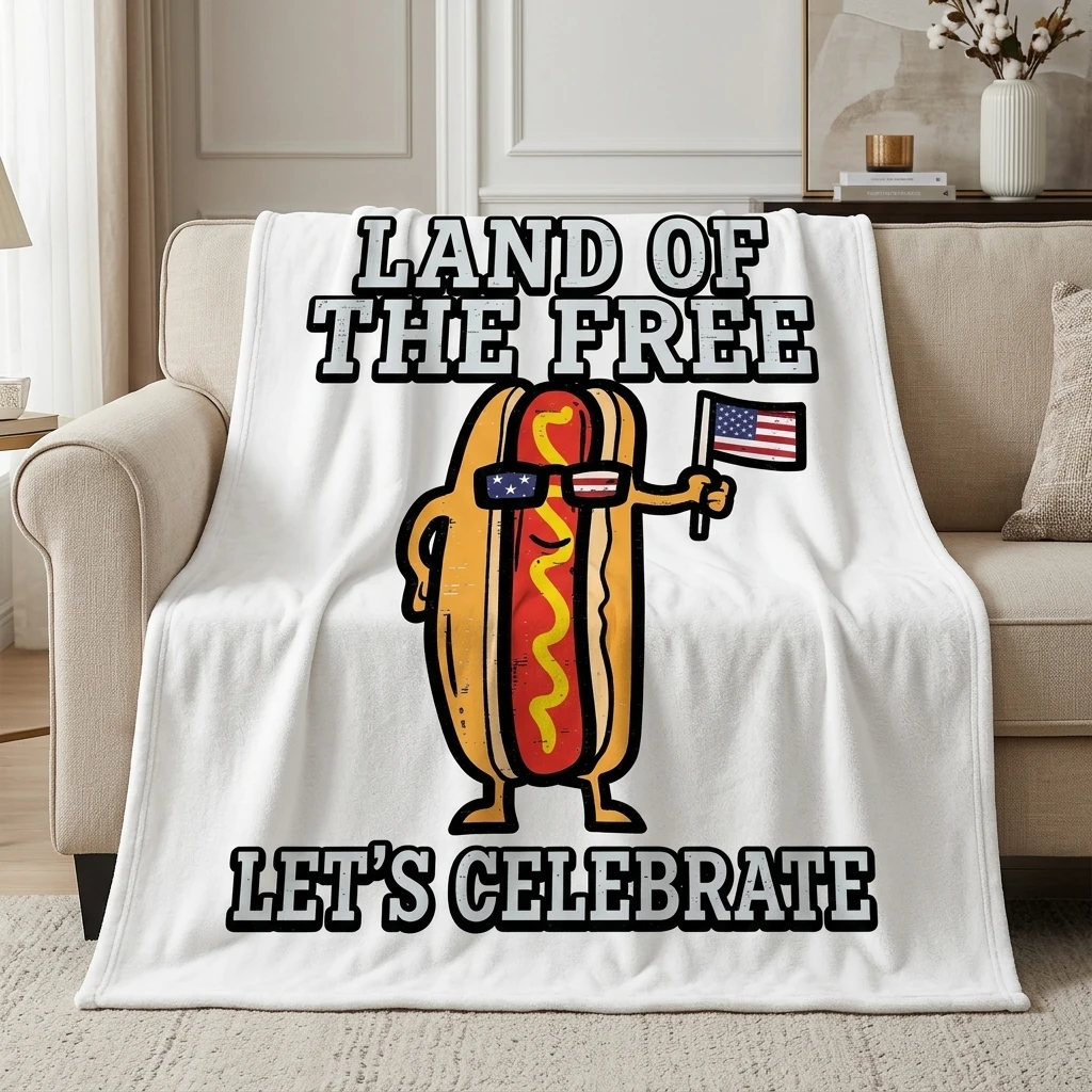 

1PC Funny USA Flag Hot Dog "Let's Celebrate" Thick Flannel Throw Blanket, Soft Warm Portable Throw, Great Gift for Boys Girls