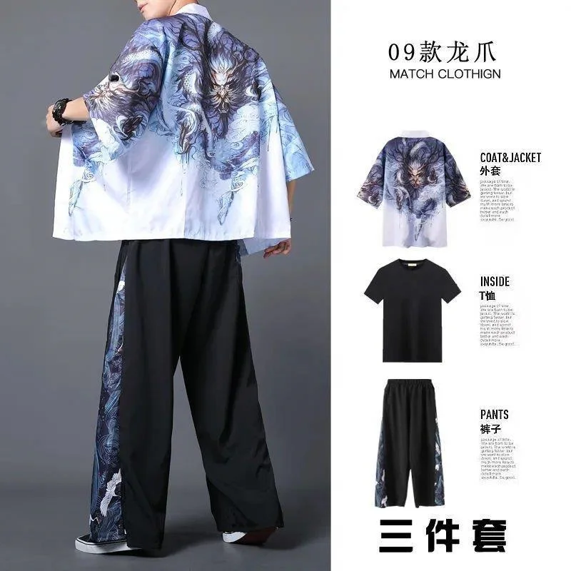 2022 Chinese ancient style Taoist robe summer three piece suit men\'s Taoist robe student Hanfu trend Chinese Style Men\'s ancient