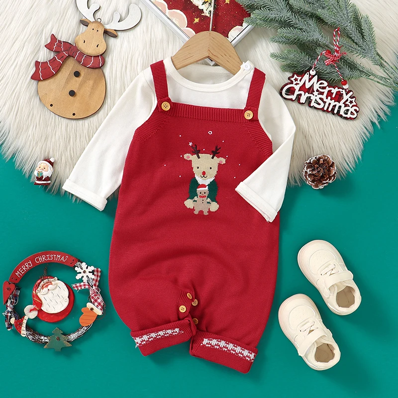 Christmas Baby Romper Knitted Newborn Girl Boy Jumpsuit Sleeveless Winter Infant Kid Sling Xmas Clothing 0-18M Cute Elk Overalls